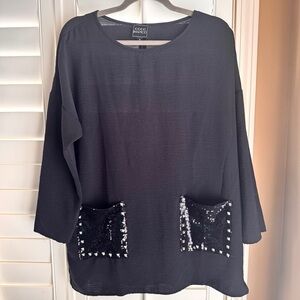 Coco Bianco Black Tunic Top M Sequin Stud Pocket Oversized Chic Blouse
